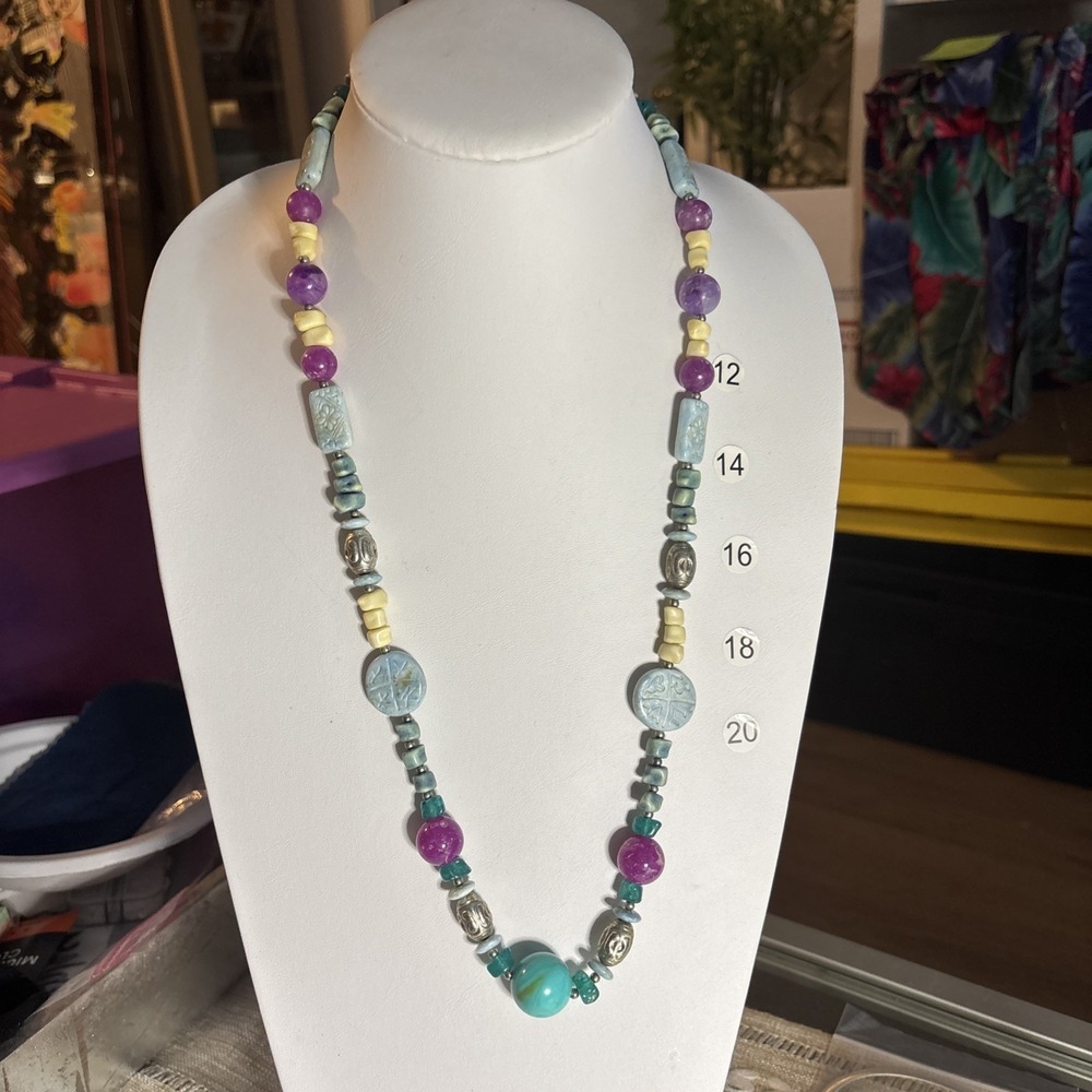 Long Multicolor Carved Acrylic Bead Necklace Purple Aqua Boho Statement